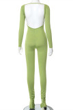 Green Fashion Casual Solid Backless Slit O Neck Skinny Jumpsuits