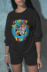 Black Cute Character Patchwork O Neck Tops