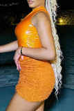 Orange Sexy Solid Tassel Patchwork Oblique Collar Sleeveless Two Pieces