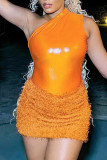 Orange Sexy Solid Tassel Patchwork Oblique Collar Sleeveless Two Pieces