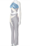 Light Blue Fashion Casual Patchwork Hollowed Out Backless One Shoulder Sleeveless Two Pieces