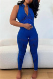 Blue Fashion Casual Print Patchwork Zipper Collar Skinny Jumpsuits