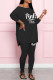 Black Fashion Casual Letter Print Slit O Neck Long Sleeve Two Pieces