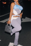 Light Blue Fashion Casual Patchwork Hollowed Out Backless One Shoulder Sleeveless Two Pieces