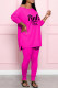 Rose Red Fashion Casual Letter Print Slit O Neck Long Sleeve Two Pieces