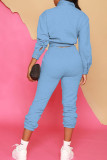 Light Blue Casual Solid Patchwork Buckle Turndown Collar Long Sleeve Two Pieces
