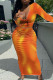 Orange Fashion Casual Letter Print Basic U Neck Long Sleeve Two Pieces