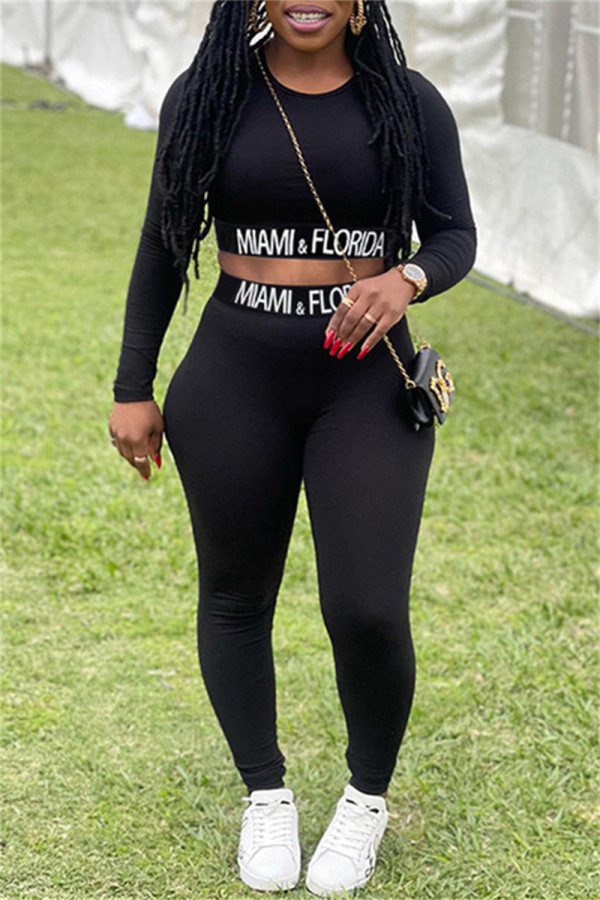 Black Fashion Casual Letter Patchwork O Neck Long Sleeve Two Pieces