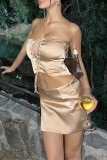 Khaki Fashion Sexy Solid Bandage Backless Slit Strapless Sleeveless Two Pieces