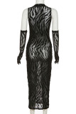 Black Fashion Sexy Print Patchwork See-through O Neck Pencil Skirt Dresses