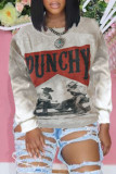 Grey Casual Work Print Patchwork O Neck Tops