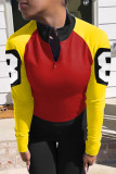 Multicolor Fashion Casual Letter Patchwork Zipper Collar Tops