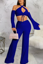 Blue Sexy Solid Patchwork Frenulum Halter Long Sleeve Two Pieces