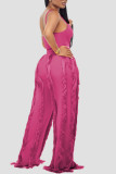 Purplish Red Sexy Solid Tassel Patchwork Spaghetti Strap Sleeveless Two Pieces