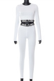 White Fashion Casual Letter Patchwork O Neck Long Sleeve Two Pieces