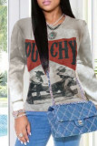 Grey Casual Work Print Patchwork O Neck Tops