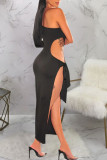 Apricot Sexy Solid Bandage Hollowed Out Patchwork Slit Oblique Collar Pencil Skirt Dresses