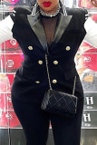 Black Fashion Casual Patchwork Contrast Turn-back Collar Outerwear