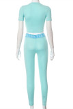 Light Blue Fashion Casual Letter Patchwork Hollowed Out O Neck Short Sleeve Two Pieces