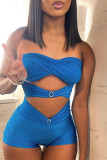 Blue Fashion Sexy Solid Hollowed Out Patchwork Backless Strapless Skinny Romper