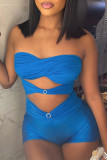 Blue Fashion Sexy Solid Hollowed Out Patchwork Backless Strapless Skinny Romper