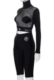 Black Fashion Sexy Print Patchwork See-through Turtleneck Long Sleeve Two Pieces