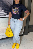 White Fashion Casual Print Basic O Neck T-Shirts