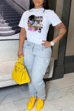 White Fashion Casual Print Basic O Neck T-Shirts