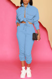 Light Blue Casual Solid Patchwork Buckle Turndown Collar Long Sleeve Two Pieces