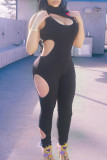 Black Sexy Casual Solid Hollowed Out O Neck Skinny Jumpsuits