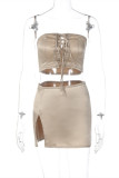 Khaki Fashion Sexy Solid Bandage Backless Slit Strapless Sleeveless Two Pieces