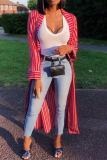 Red Casual Striped Patchwork Cardigan Collar Outerwear