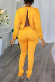 Yellow Casual Solid Patchwork Zipper O Neck Long Sleeve Two Pieces