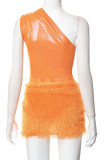Orange Sexy Solid Tassel Patchwork Oblique Collar Sleeveless Two Pieces