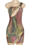 Colour Sexy Print Hollowed Out Patchwork Spaghetti Strap Pencil Skirt Dresses