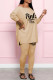 Apricot Fashion Casual Letter Print Slit O Neck Long Sleeve Two Pieces