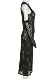 Black Fashion Sexy Print Patchwork See-through O Neck Pencil Skirt Dresses