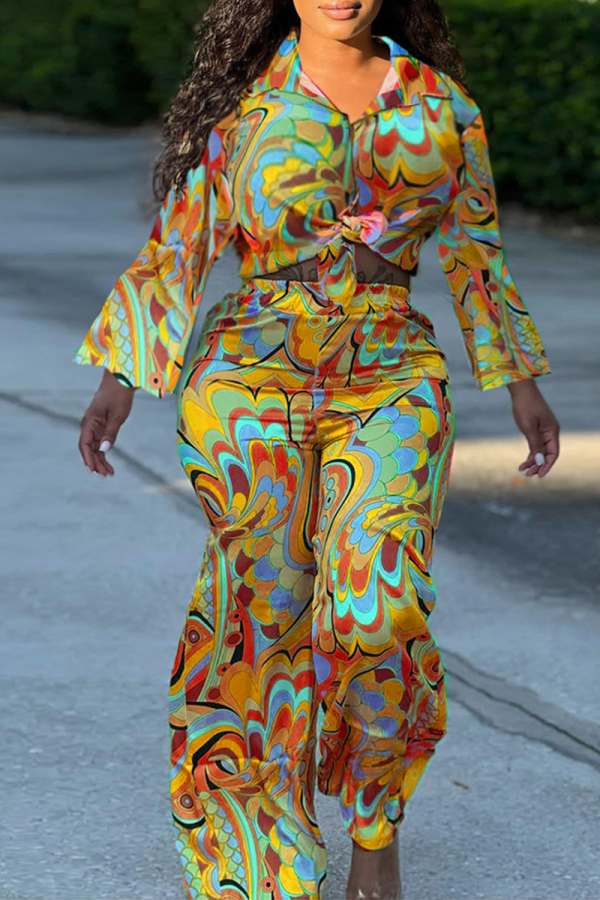 Tangerine Red Fashion Print Patchwork Turndown Collar Long Sleeve Two Pieces