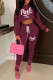 Burgundy Fashion Casual Letter Print Bandage Backless Hooded Collar Long Sleeve Two Pieces
