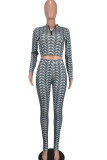 Green Casual Sportswear Print Patchwork Zipper Collar Long Sleeve Two Pieces