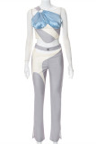Light Blue Fashion Casual Patchwork Hollowed Out Backless One Shoulder Sleeveless Two Pieces