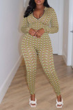 Purple Sexy Print Patchwork Zipper Collar Long Sleeve Two Pieces