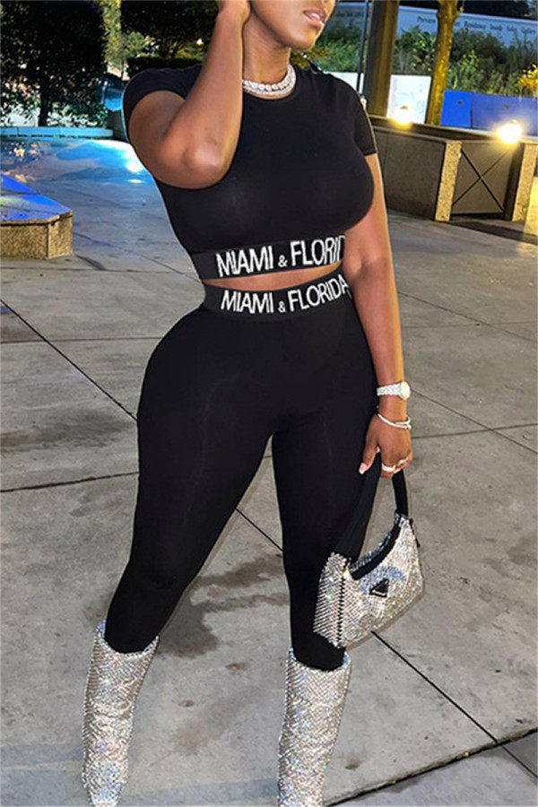 Black Fashion Casual Letter Patchwork O Neck Short Sleeve Two Pieces