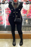 Black Fashion Casual Patchwork Contrast Turn-back Collar Outerwear