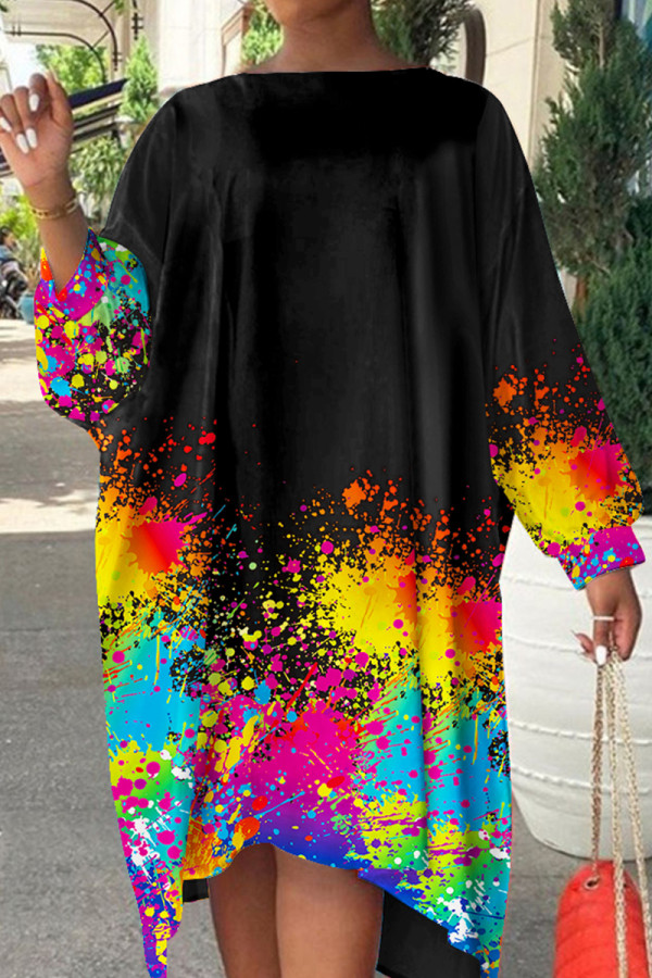Black Fashion Print Polka Dot Patchwork Asymmetrical Off the Shoulder Straight Dresses