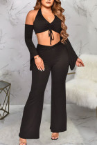 Black Sexy Solid Patchwork Frenulum Halter Long Sleeve Two Pieces