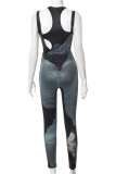 Black Fashion Sexy Print Hollowed Out O Neck Sleeveless Two Pieces