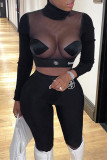 Black Fashion Sexy Print Patchwork See-through Turtleneck Long Sleeve Two Pieces