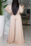 Champagne Casual Solid Patchwork Buckle Slit Turndown Collar Long Sleeve Two Pieces