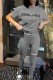 Grey Fashion Casual Print Letter O Neck Short Sleeve Two Pieces